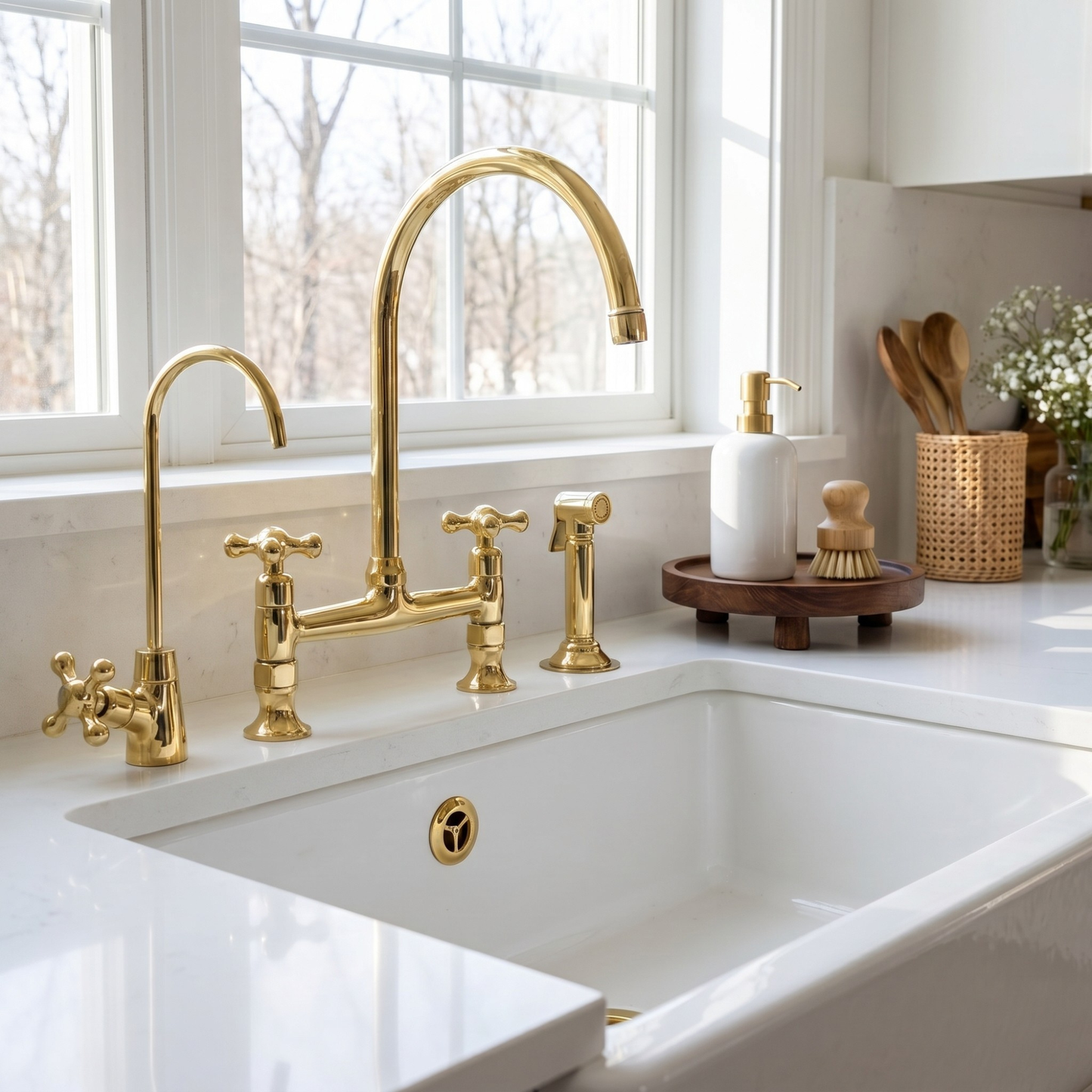 Unlacquered Brass Bridge Kitchen Faucet with Sprayer and Drinking Water Tap - UBCBF015