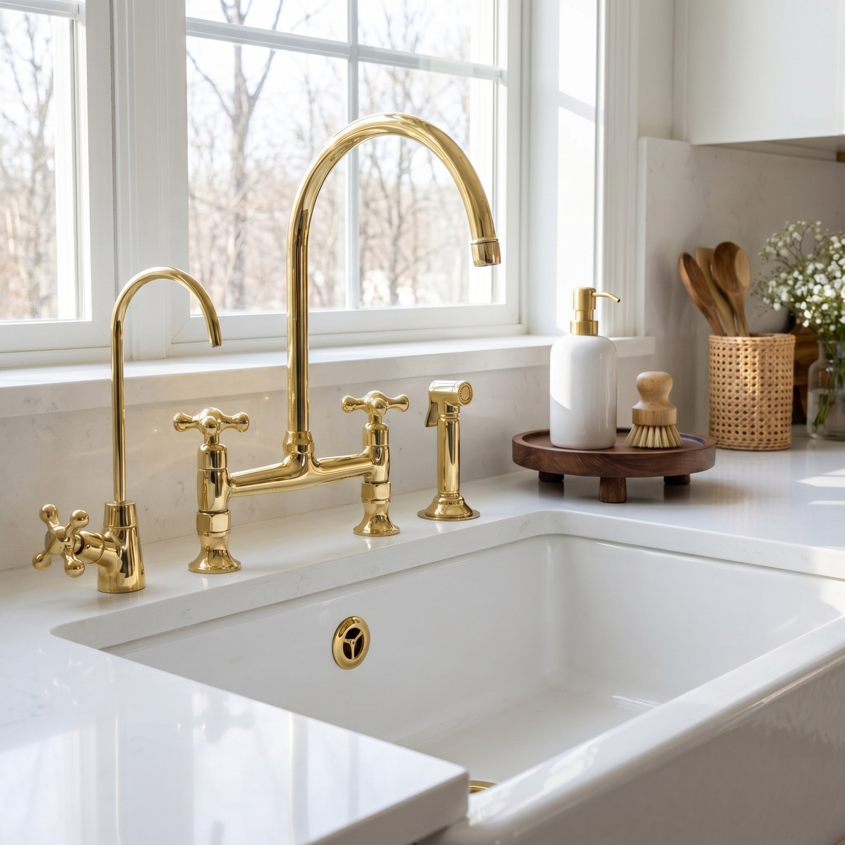 Sabil - Unlacquered Brass Bridge Kitchen Faucet