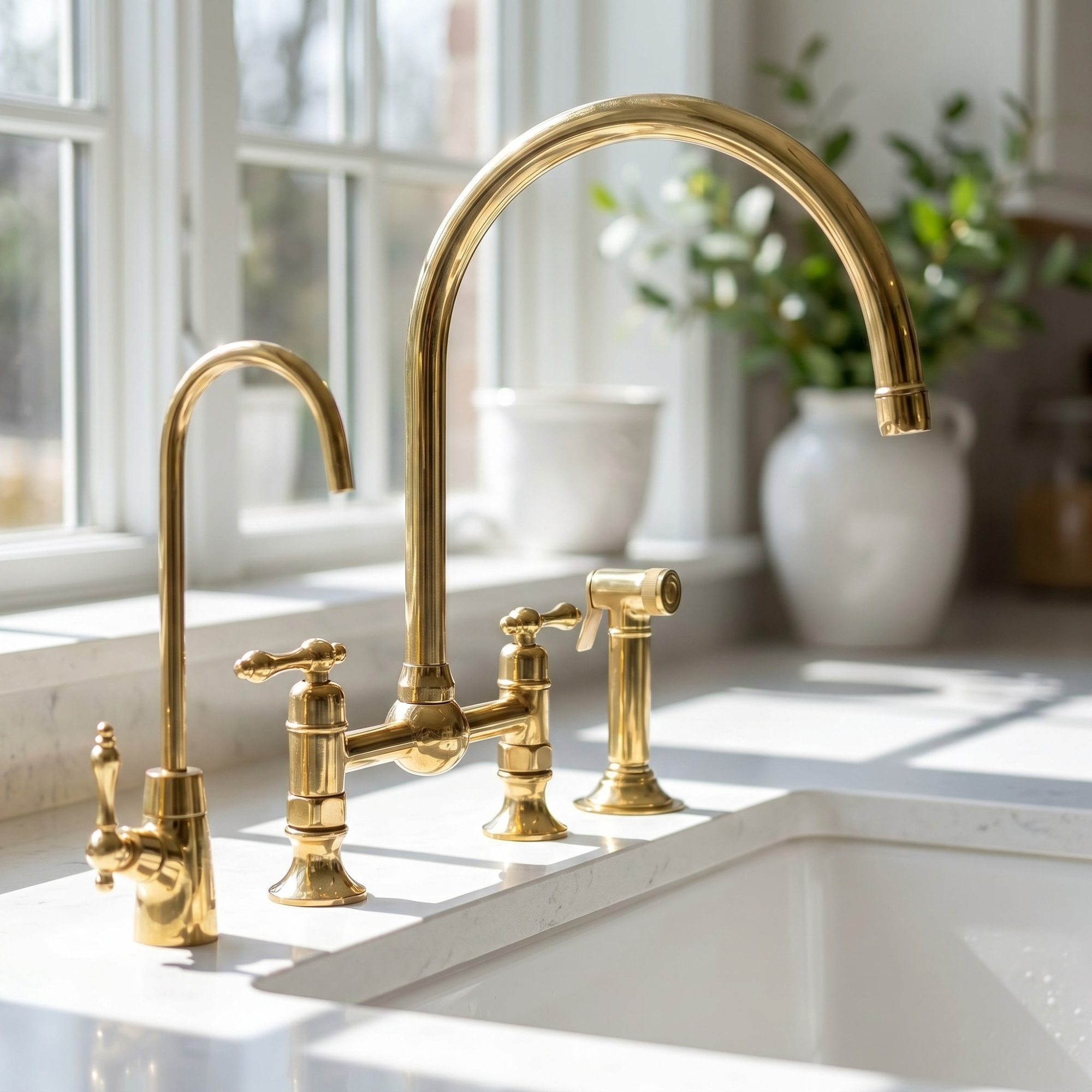 Muna Line - Unlacquered Brass Bridge Kitchen Faucet