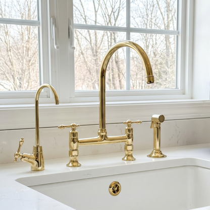 Unlacquered Brass Bridge Kitchen Faucet with Sprayer and Drinking Water Tap - UBLBF015