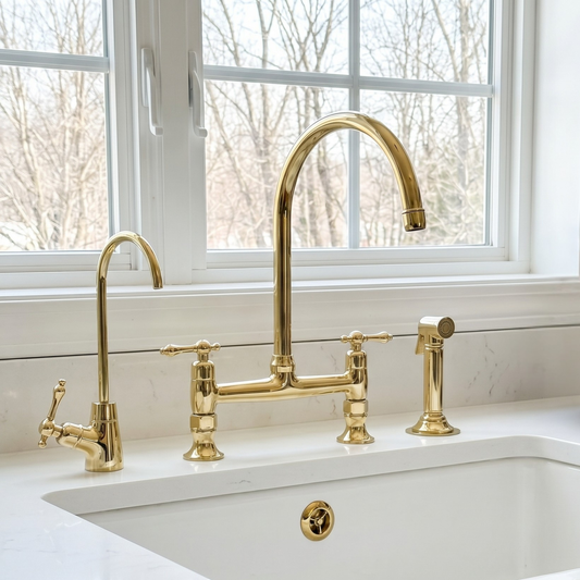 Unlacquered Brass Bridge Kitchen Faucet with Sprayer and Drinking Water Tap - UBLBF015