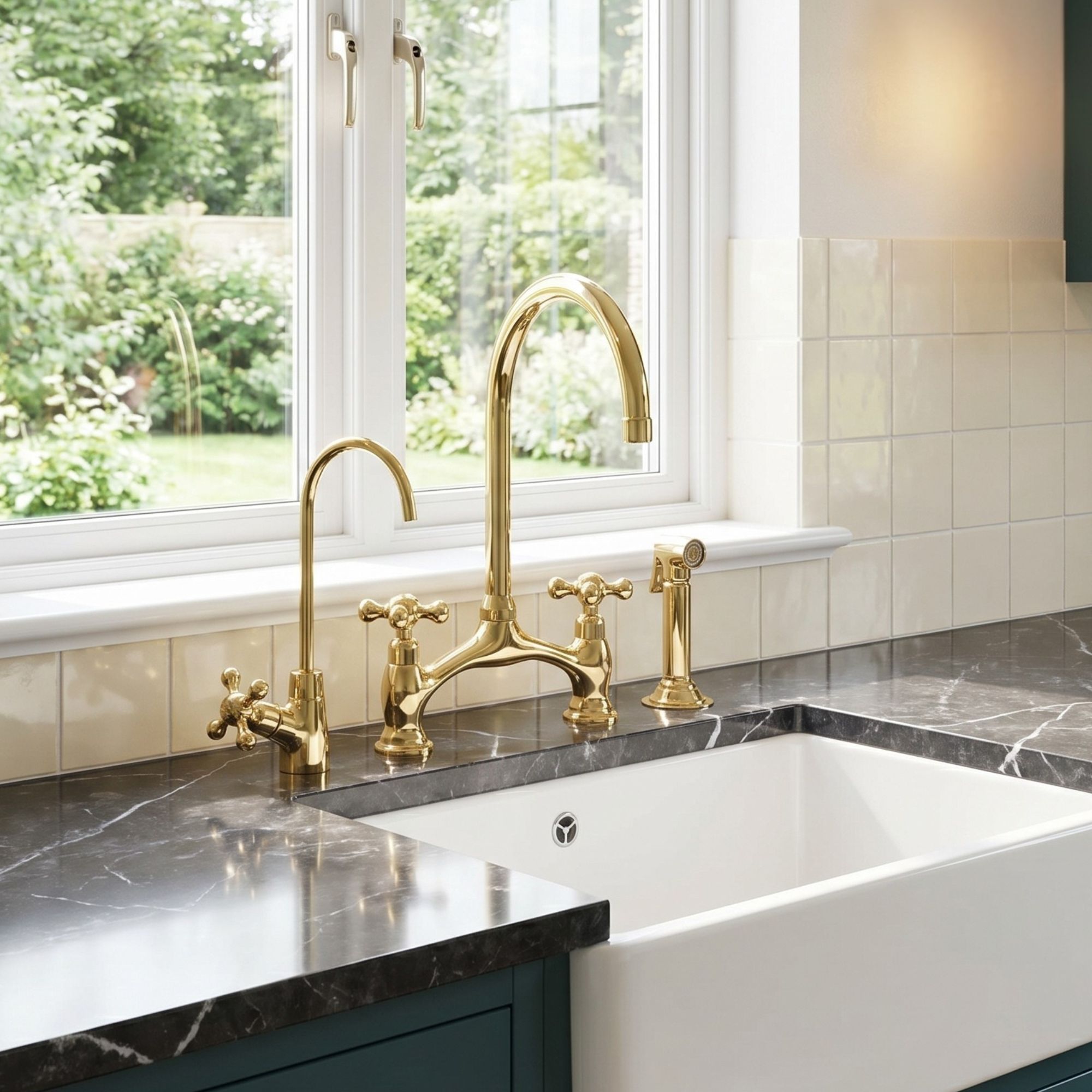 Unlacquered Brass Bridge Kitchen Faucet with Sprayer and Drinking Water Tap - UBCBF020