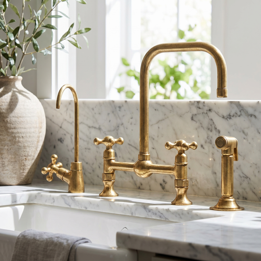 Unlacquered Brass Bridge Kitchen Faucet with Sprayer and Drinking Water Tap - UBCBF017