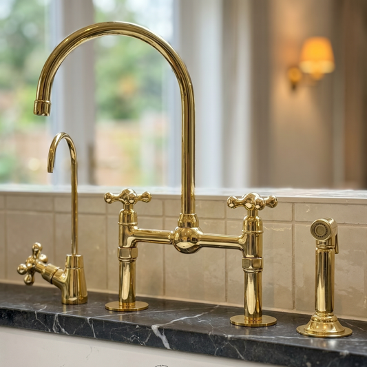 Unlacquered Brass Bridge Kitchen Faucet with Sprayer and Drinking Water Tap - UBCBF013