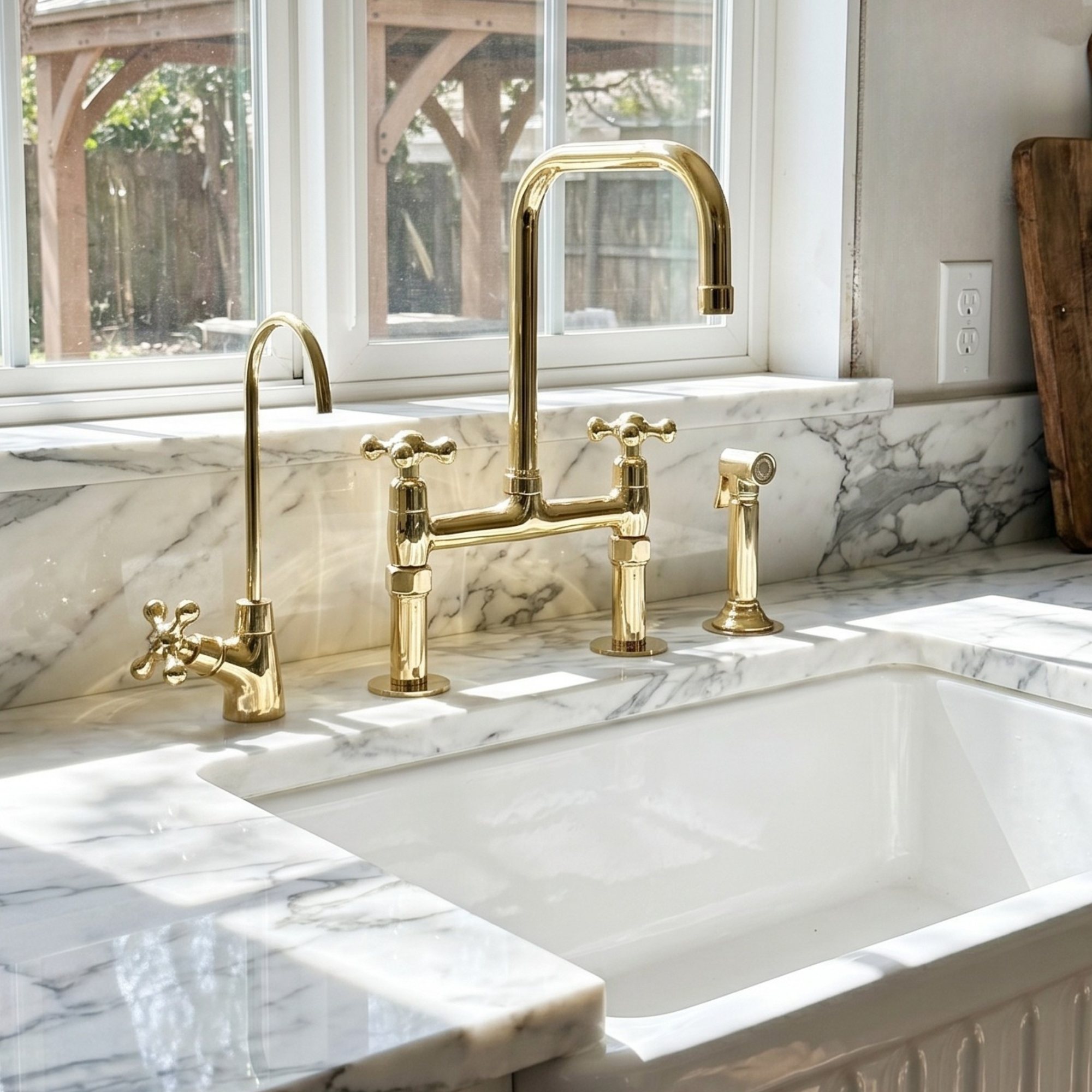 Unlacquered Brass Bridge Kitchen Faucet with Sprayer and Drinking Water Tap