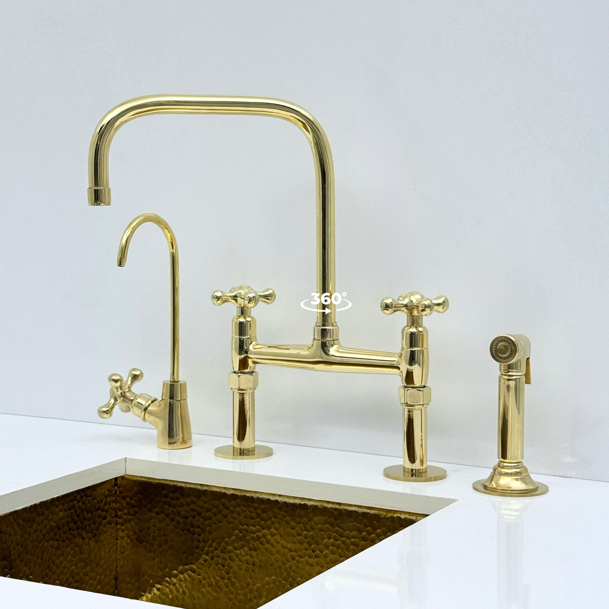 Unlacquered Brass Bridge Kitchen Faucet with Sprayer and Drinking Water Tap