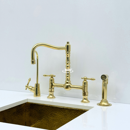 Unlacquered Brass Bridge Kitchen Faucet with Sprayer and Drinking Water Tap - UBLBF012