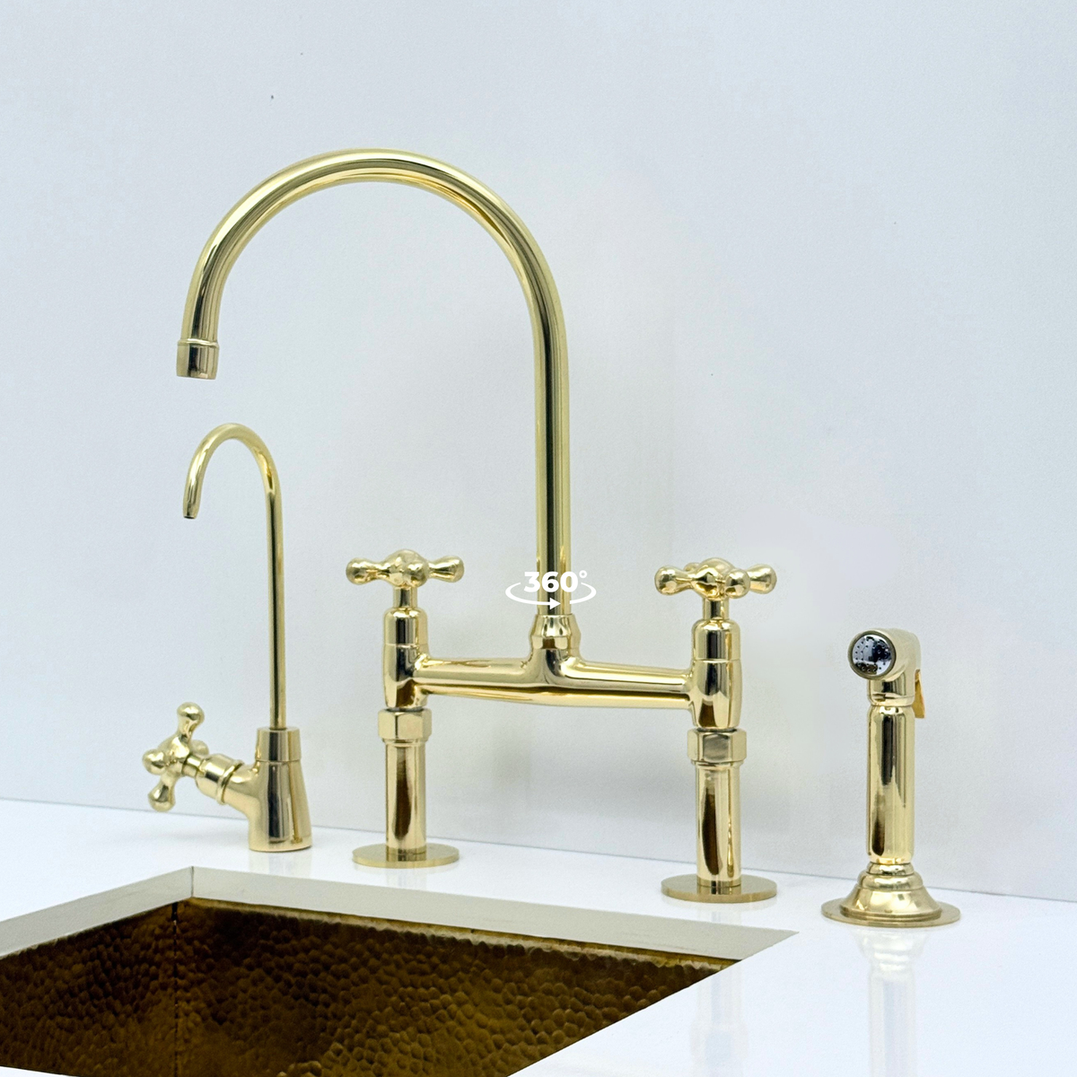 Unlacquered Brass Bridge Kitchen Faucet with Sprayer and Drinking Water Tap