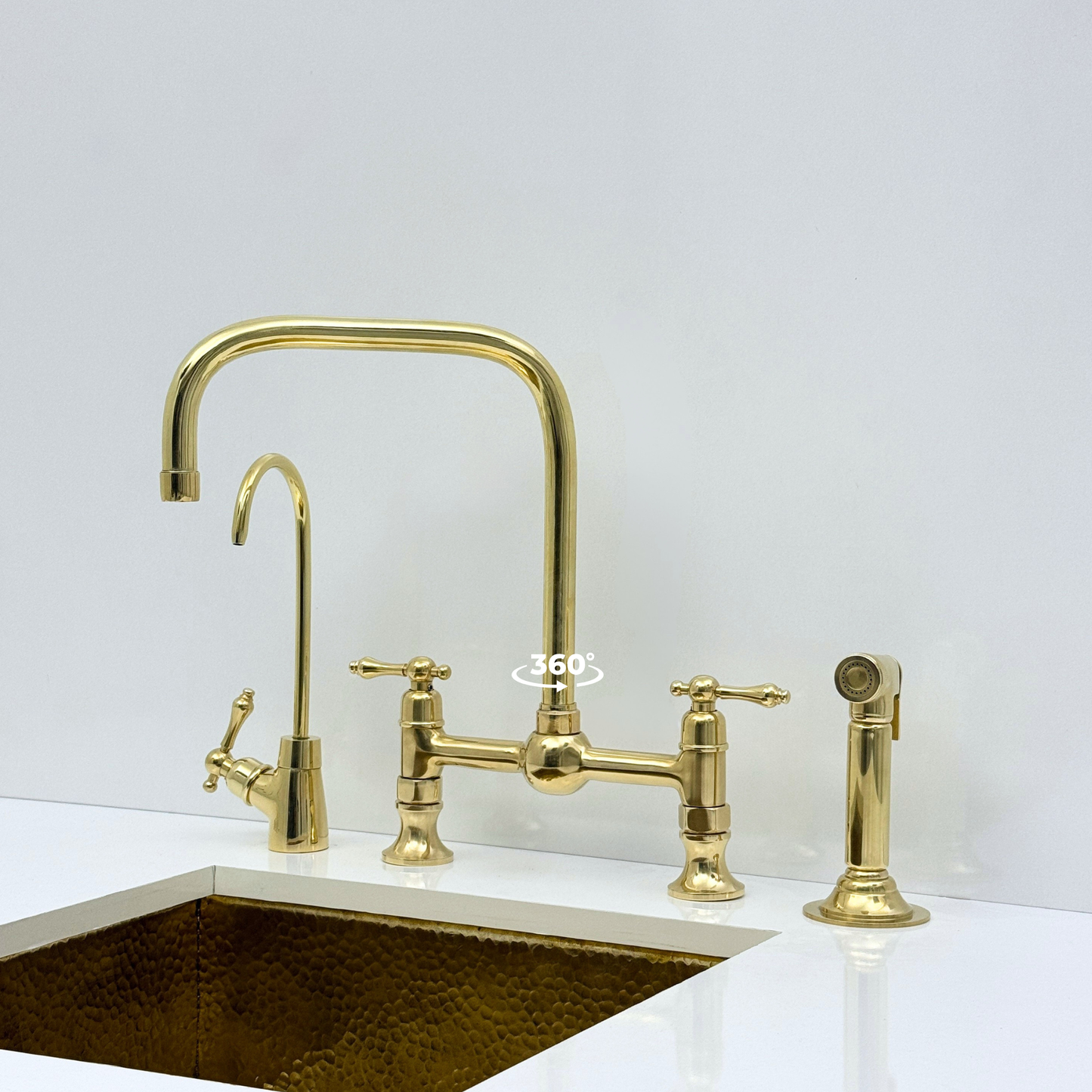Unlacquered Brass Bridge Kitchen Faucet with Sprayer and Drinking Water Tap - UBLBF017