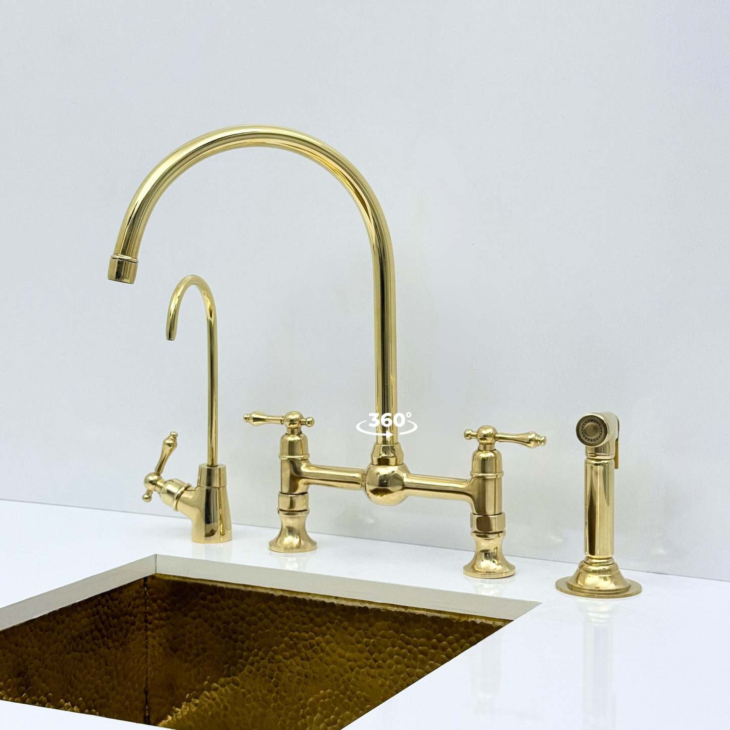 Unlacquered Brass Bridge Kitchen Faucet with Sprayer and Drinking Water Tap - UBLBF011
