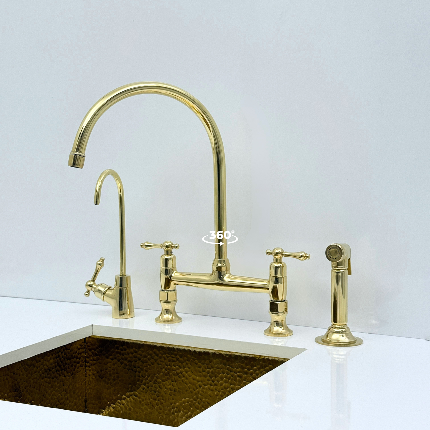 Unlacquered Brass Bridge Kitchen Faucet with Sprayer and Drinking Water Tap - UBLBF015