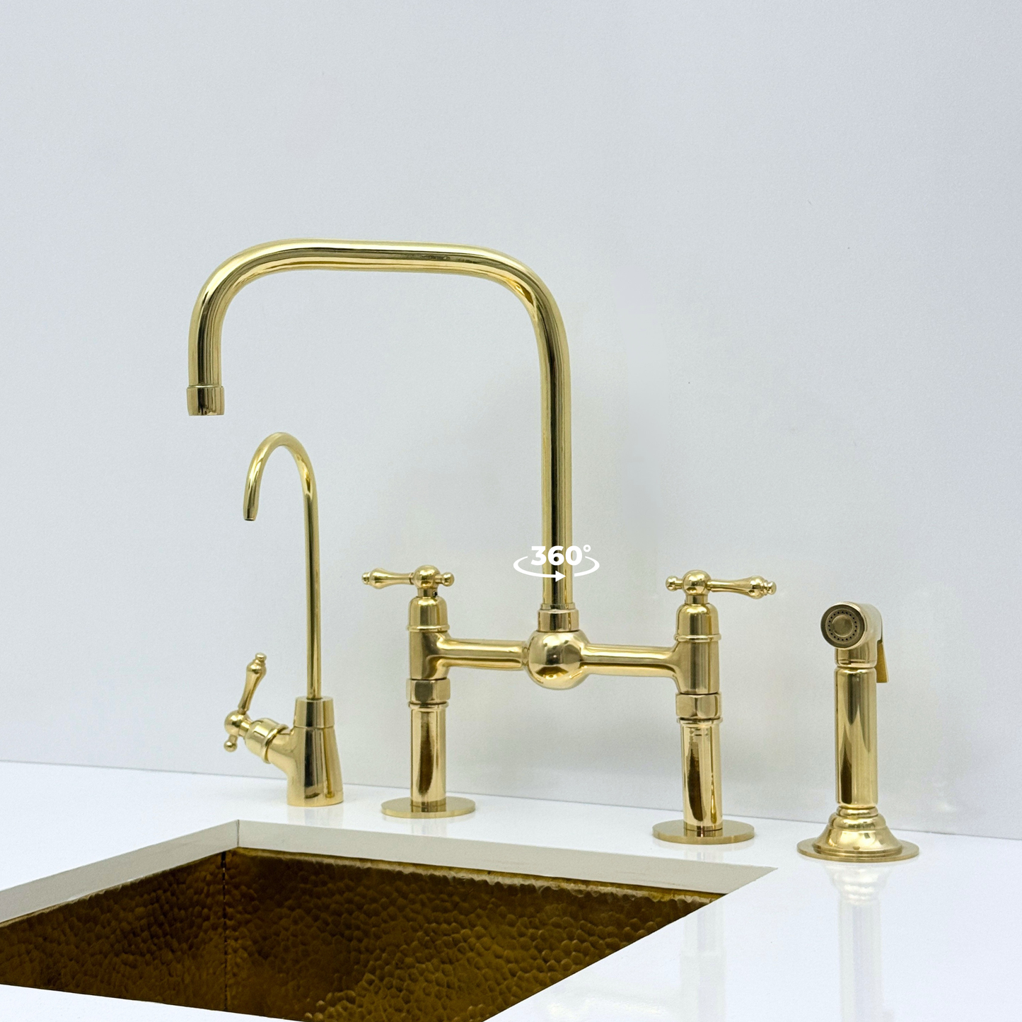 Unlacquered Brass Bridge Kitchen Faucet with Sprayer and Drinking Water Tap - UBLBF018