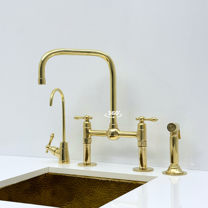 Unlacquered Brass Bridge Kitchen Faucet with Sprayer and Drinking Water Tap - UBLBF018