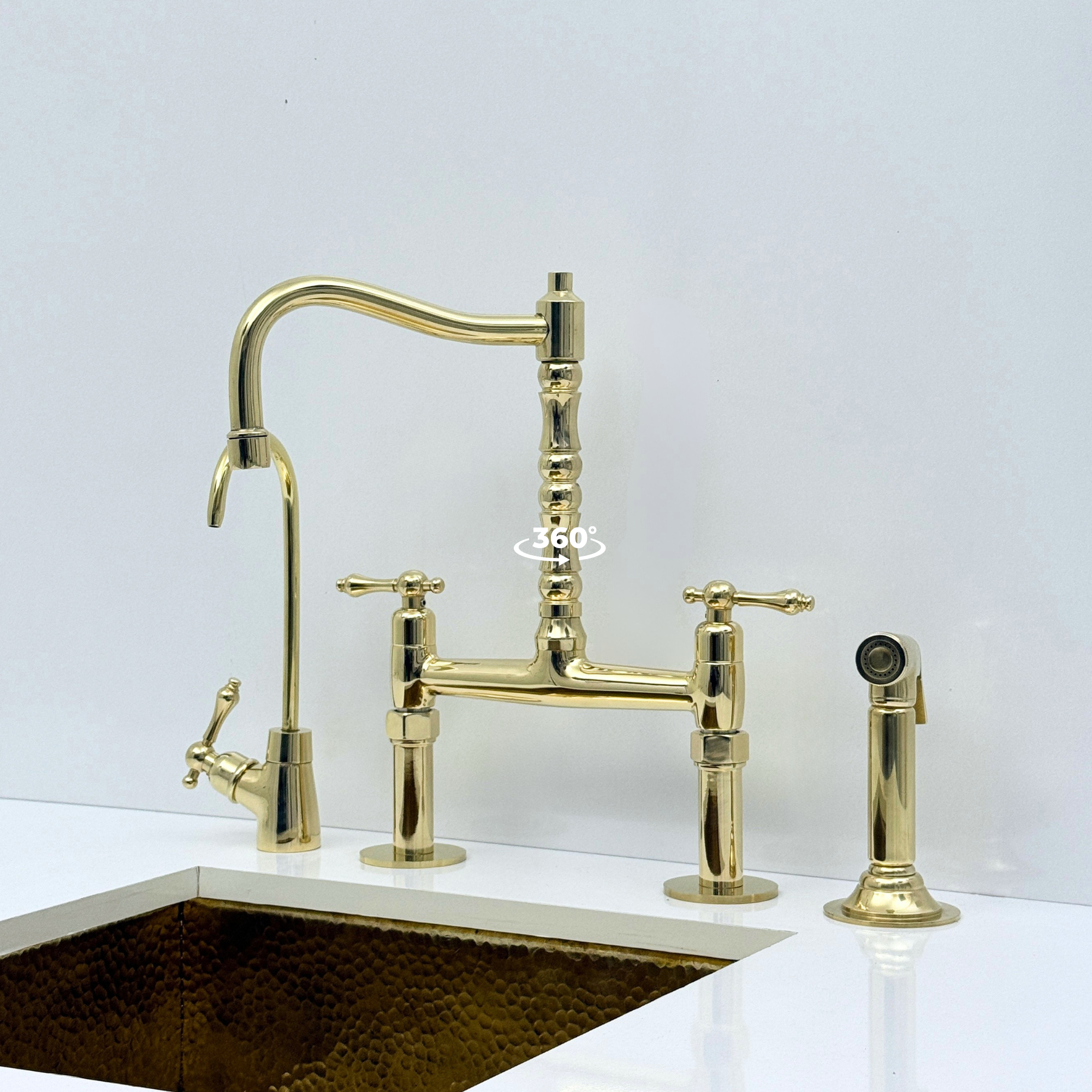 Unlacquered Brass Bridge Kitchen Faucet with Sprayer and Drinking Water Tap