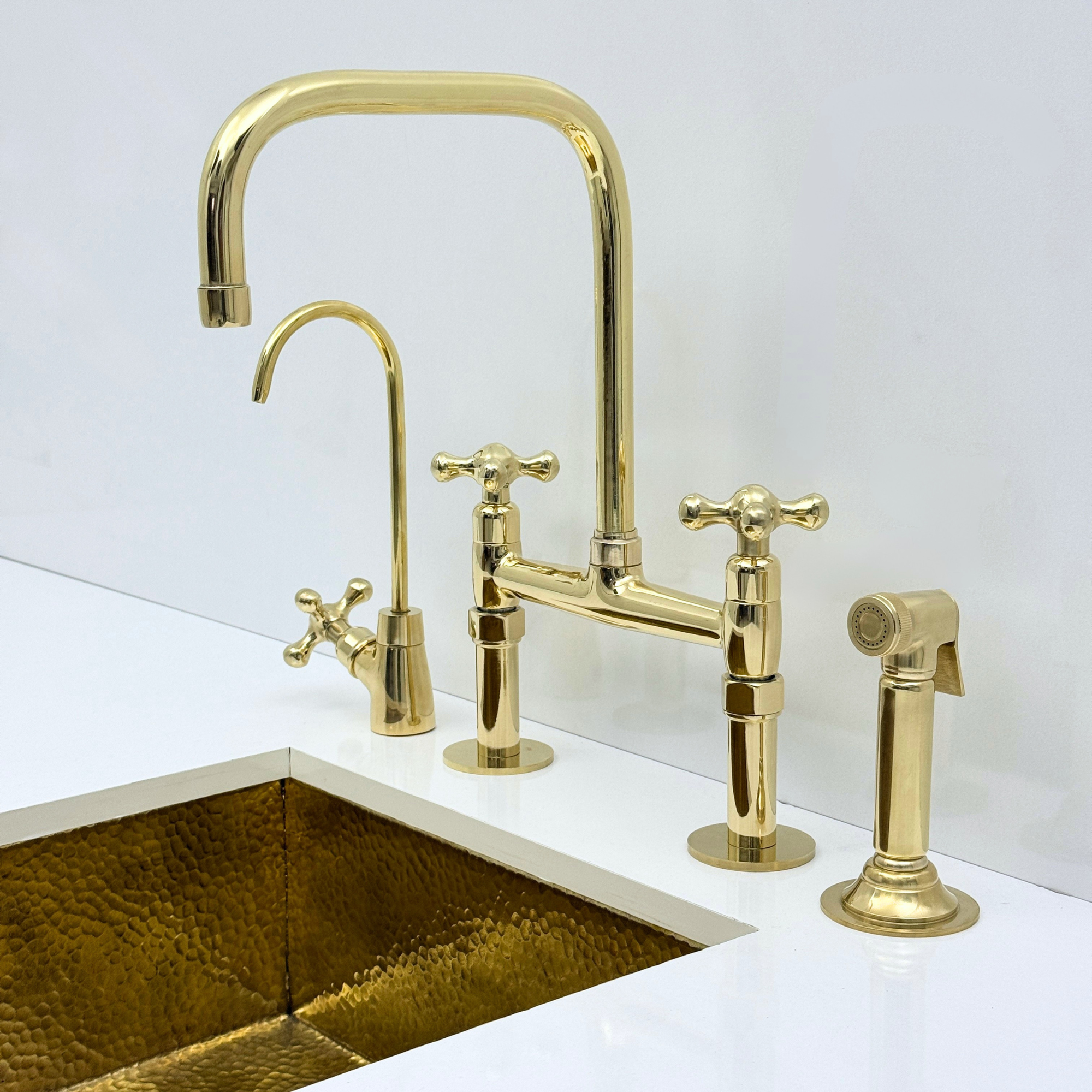 Unlacquered Brass Bridge Kitchen Faucet with Sprayer and Drinking Water Tap