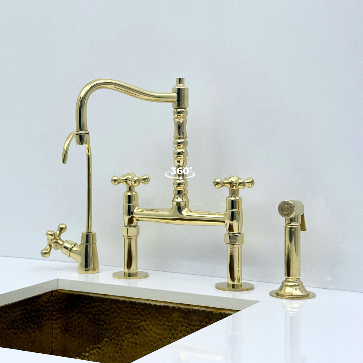Unlacquered Brass Bridge Kitchen Faucet with Sprayer and Drinking Water Tap