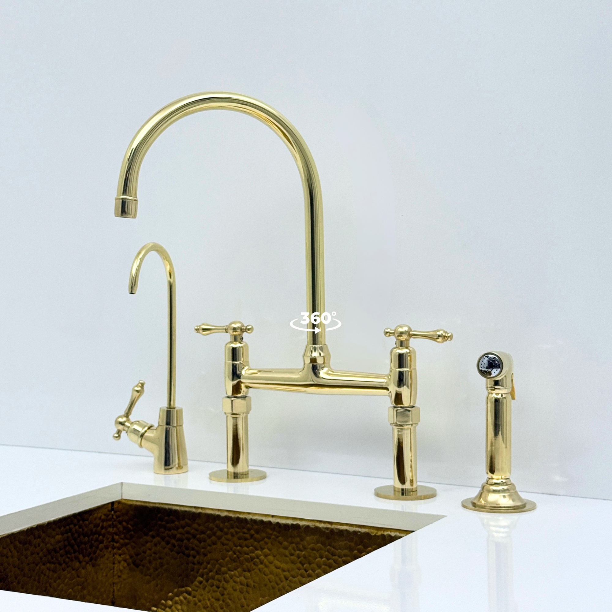 Unlacquered Brass Bridge Kitchen Faucet with Sprayer and Drinking Water Faucet