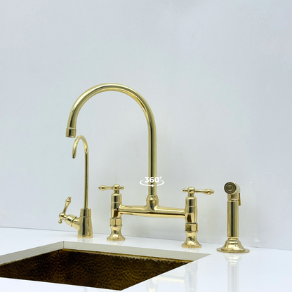 Unlacquered Brass Bridge Kitchen Faucet with Sprayer and Drinking Water Tap - UBLBF014