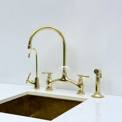 Unlacquered Brass Bridge Kitchen Faucet with Sprayer and Drinking Water Tap - UBLBF020