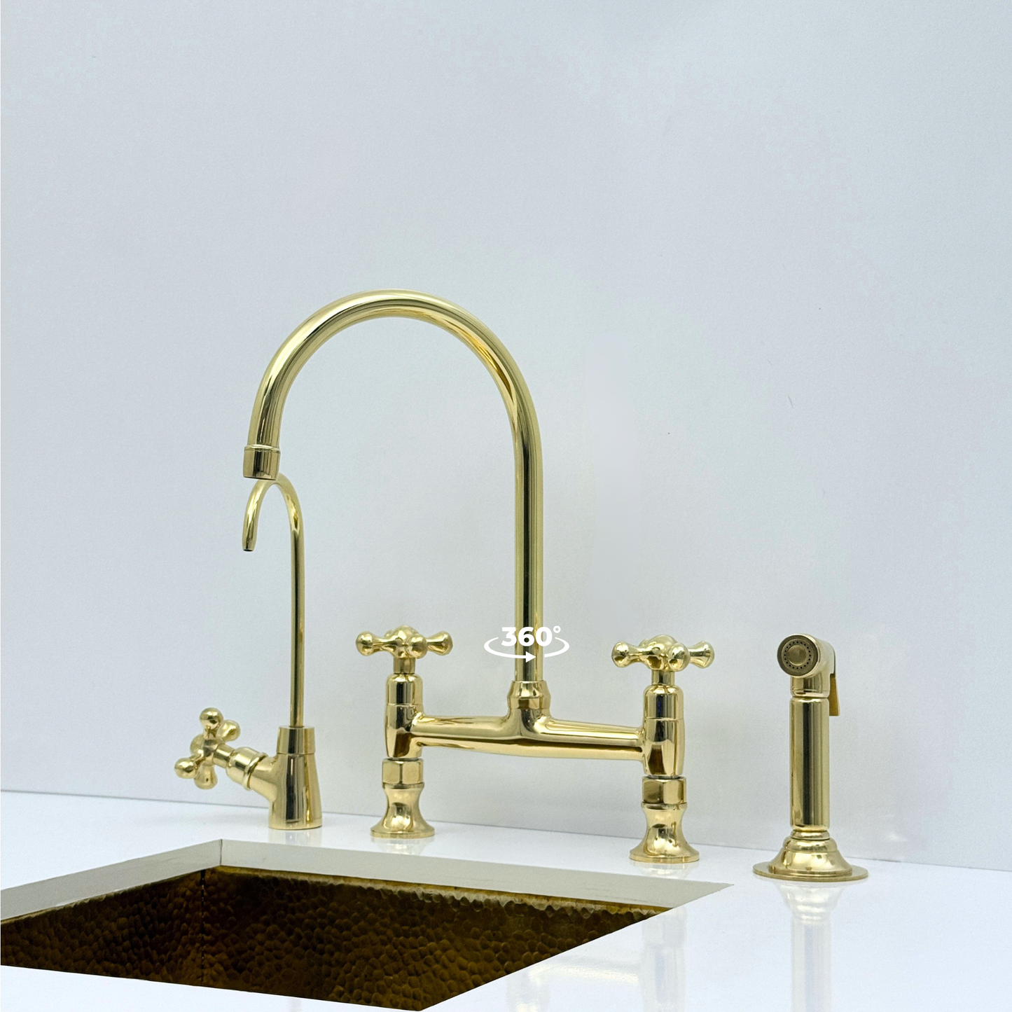 Unlacquered Brass Bridge Kitchen Faucet with Sprayer and Drinking Water Tap - UBCBF014