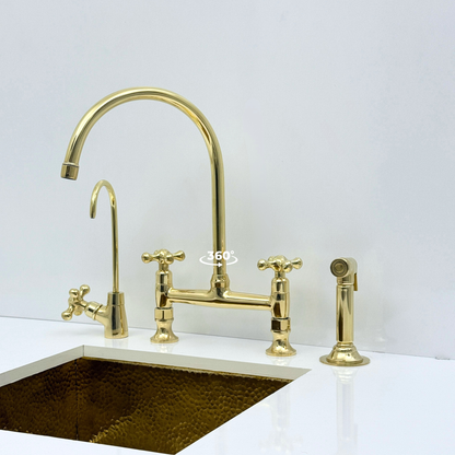 Unlacquered Brass Bridge Kitchen Faucet with Sprayer and Drinking Water Tap - UBCBF015