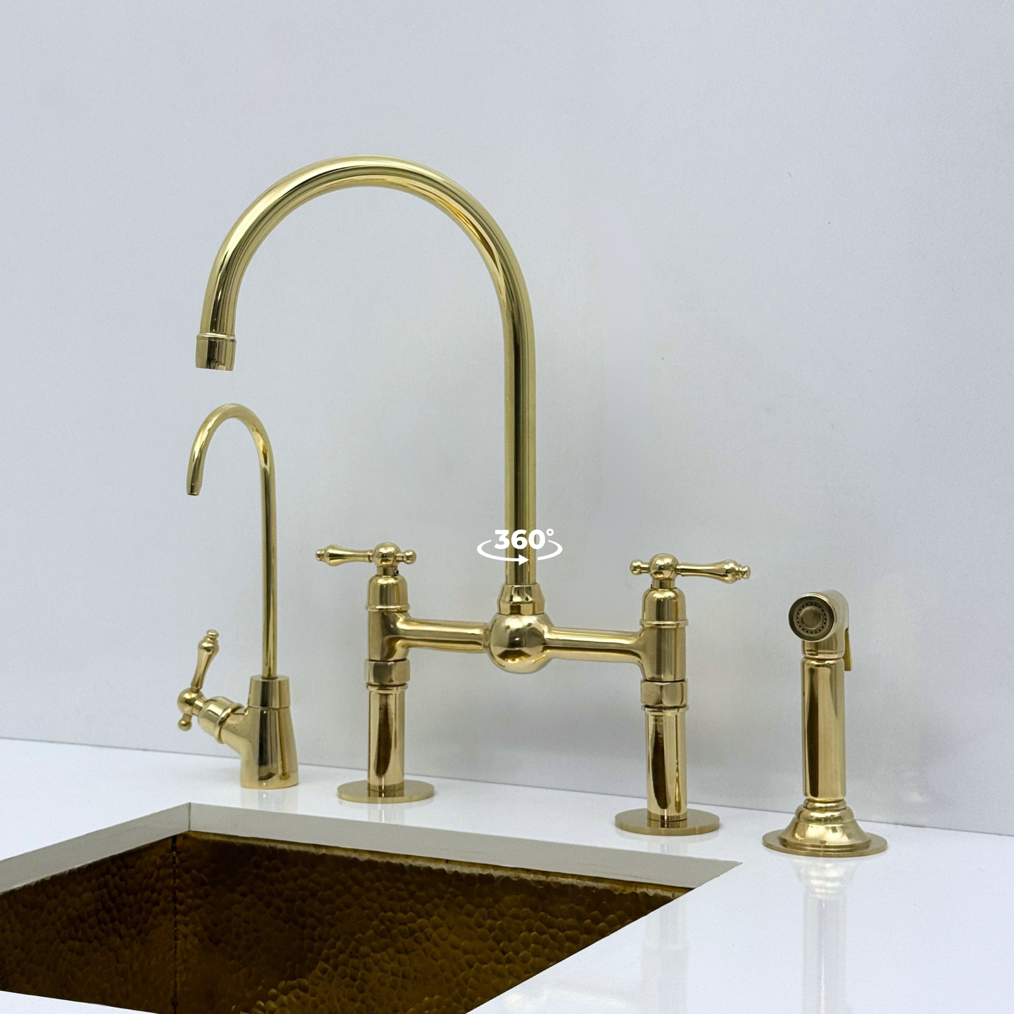 Unlacquered Brass Bridge Kitchen Faucet with Sprayer and Drinking Water Tap - UBLBF013