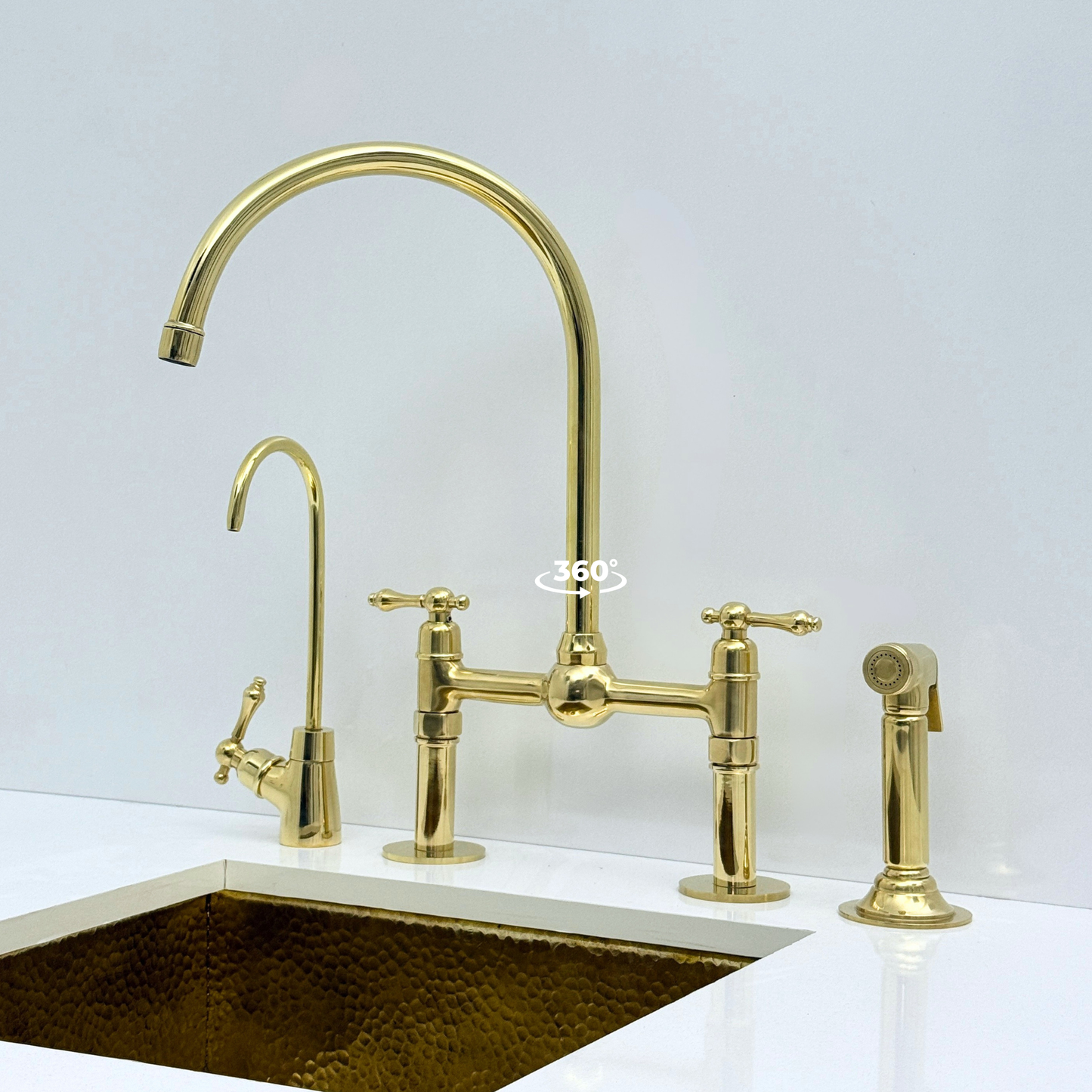 Unlacquered Brass Bridge Kitchen Faucet with Sprayer and Drinking Water Tap - UBLBF008