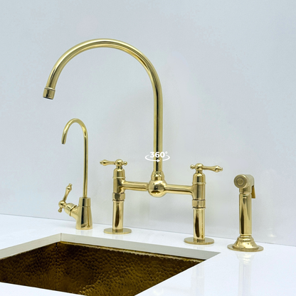 Unlacquered Brass Bridge Kitchen Faucet with Sprayer and Drinking Water Tap - UBLBF008