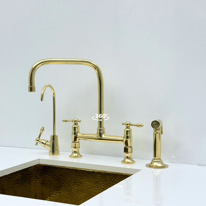 Unlacquered Brass Bridge Kitchen Faucet with Sprayer and Drinking Water Tap - UBLBF016