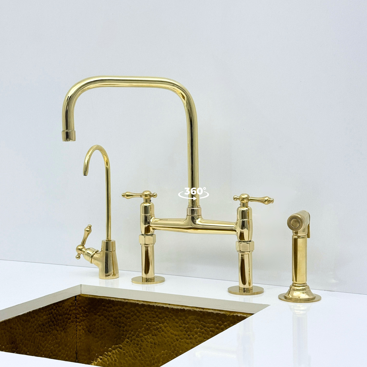 Unlacquered Brass Bridge Kitchen Faucet with Sprayer, Drinking Water Faucet