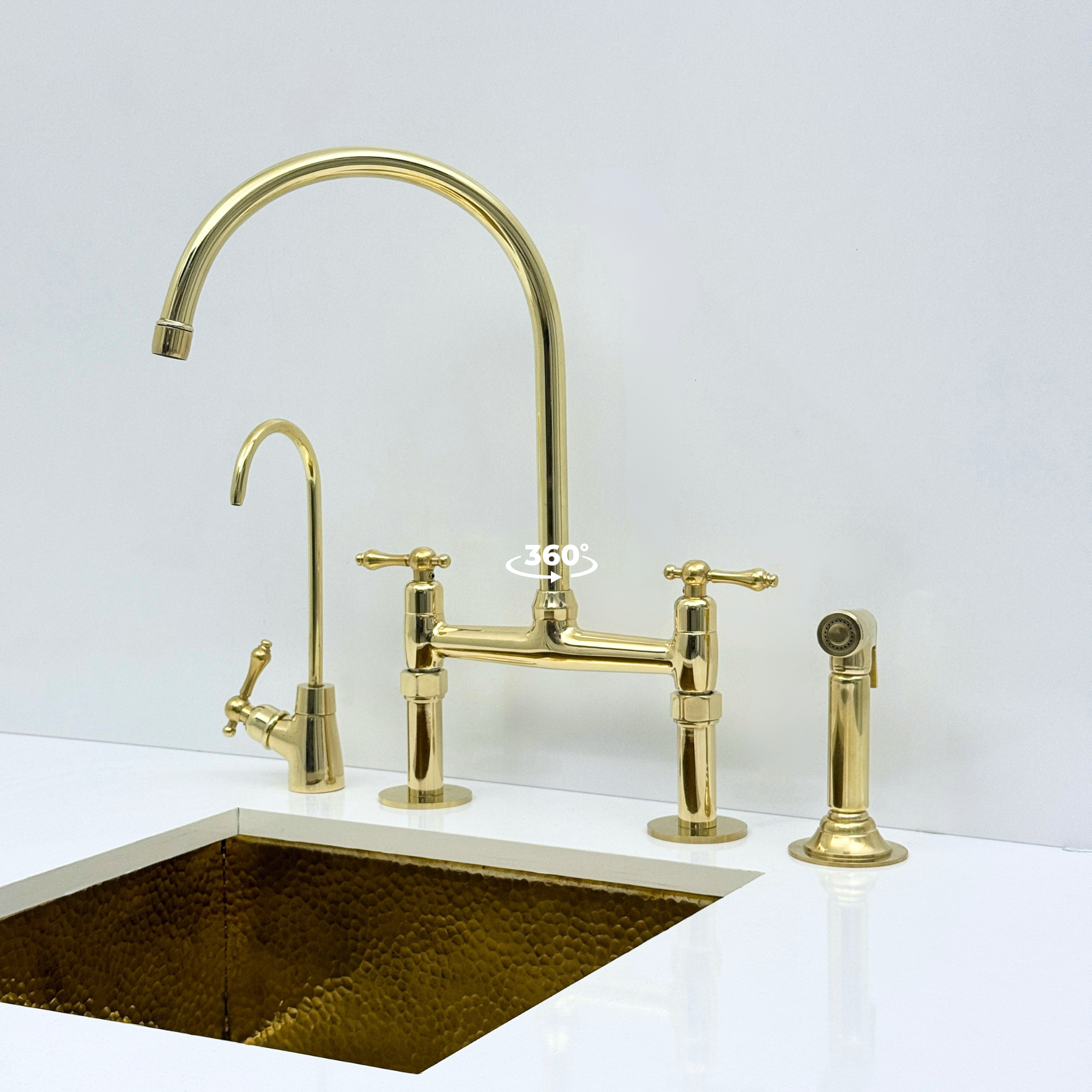 Unlacquered Brass Bridge Kitchen Faucet with Sprayer and Drinking Water Faucet