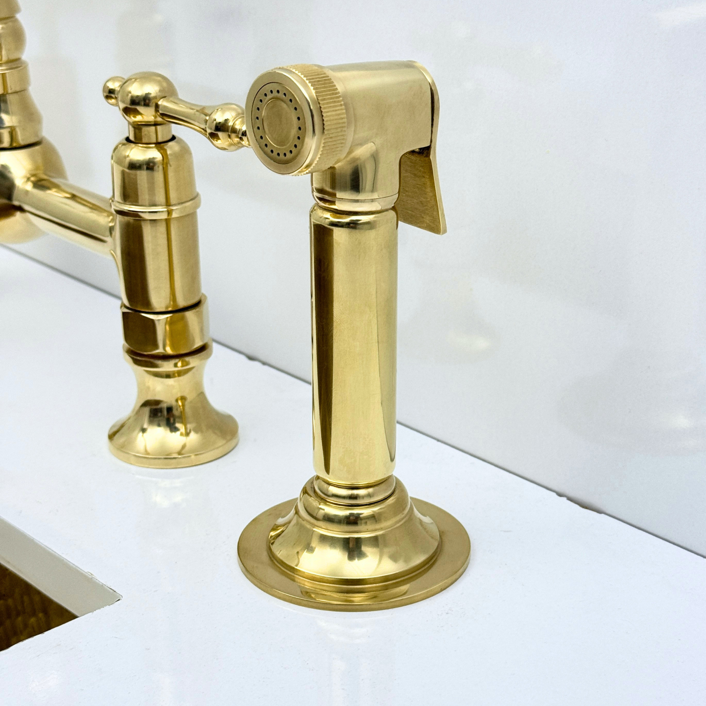 Unlacquered Brass Bridge Kitchen Faucet with Sprayer and Drinking Water Tap - UBLBF012