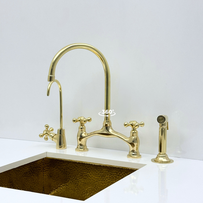 Unlacquered Brass Bridge Kitchen Faucet with Sprayer and Drinking Water Tap - UBCBF020
