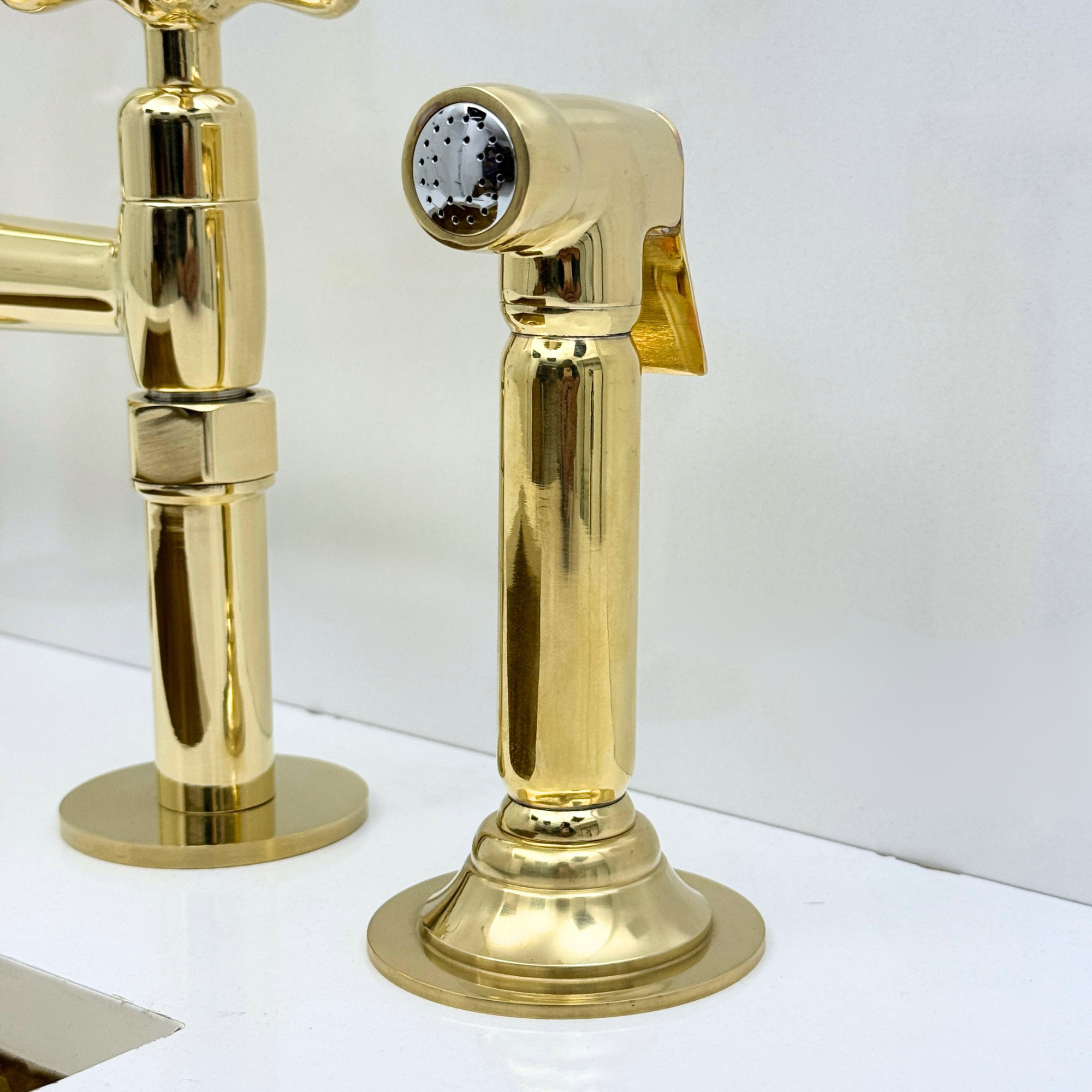 Unlacquered Brass Bridge Kitchen Faucet with Sprayer and Drinking Water Tap