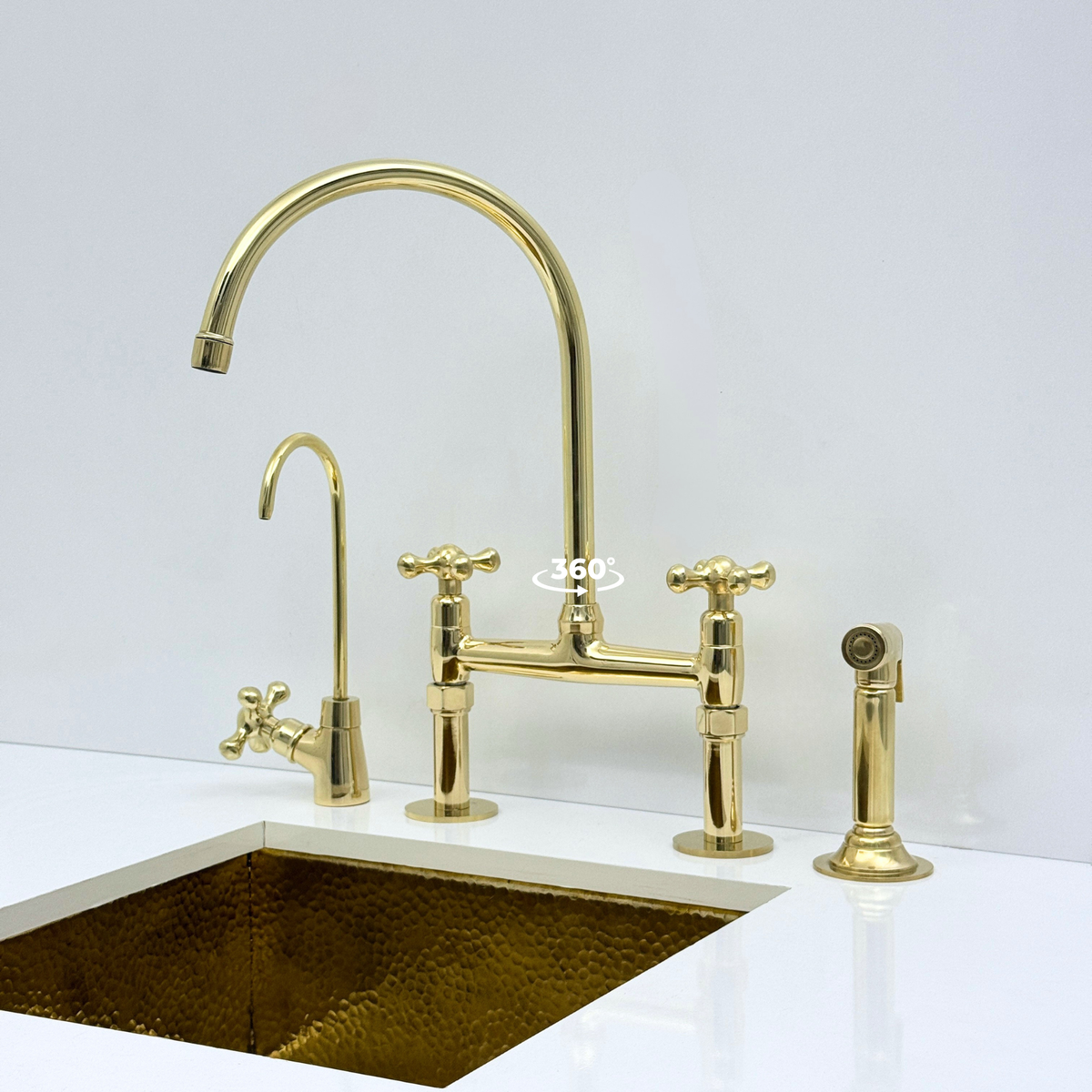 Atlas - Unlacquered Brass Bridge Kitchen Faucet with Side Sprayer and Drinking Water Tap