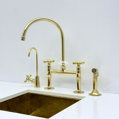 Atlas - Unlacquered Brass Bridge Kitchen Faucet with Side Sprayer and Drinking Water Tap