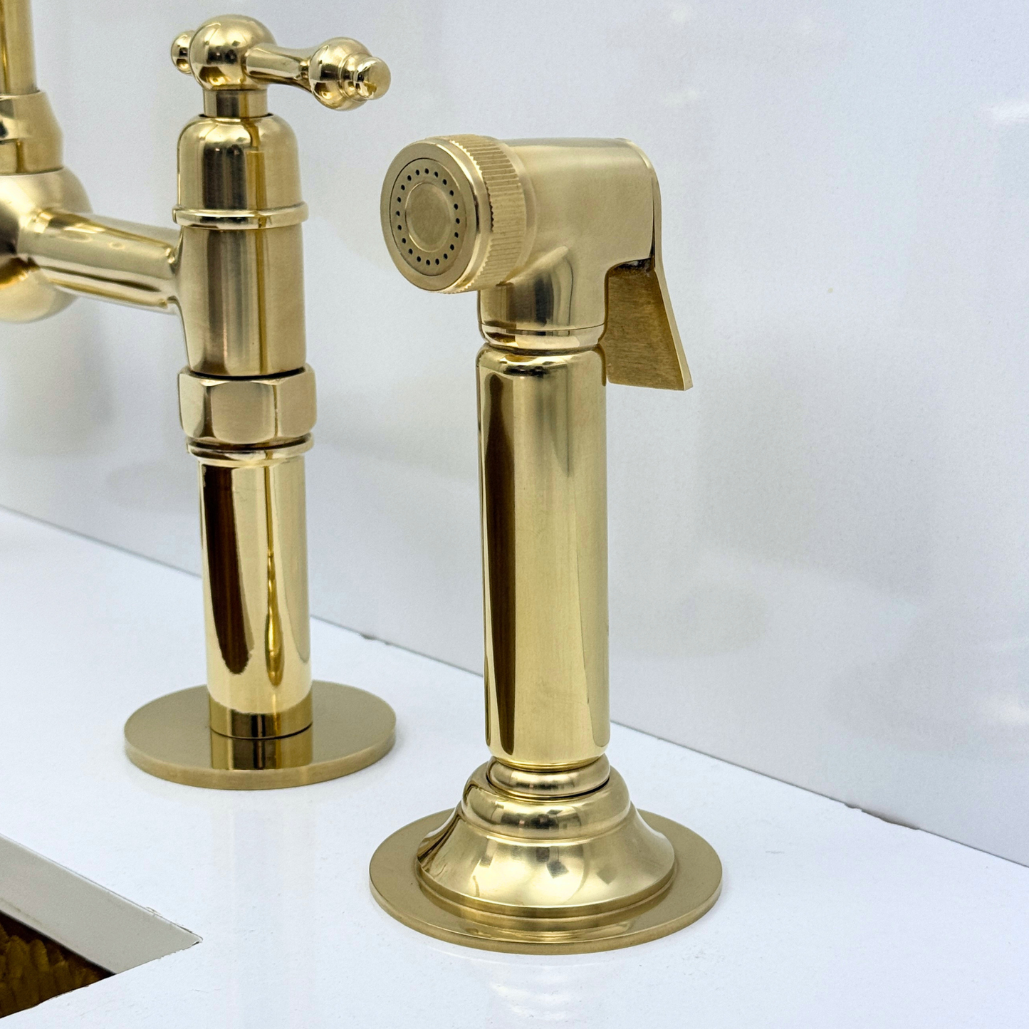 Unlacquered Brass Bridge Kitchen Faucet with Sprayer and Drinking Water Tap - UBLBF008