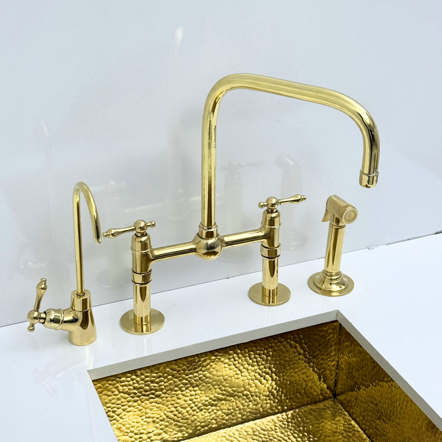 Unlacquered Brass Bridge Kitchen Faucet with Sprayer and Drinking Water Tap - UBLBF018