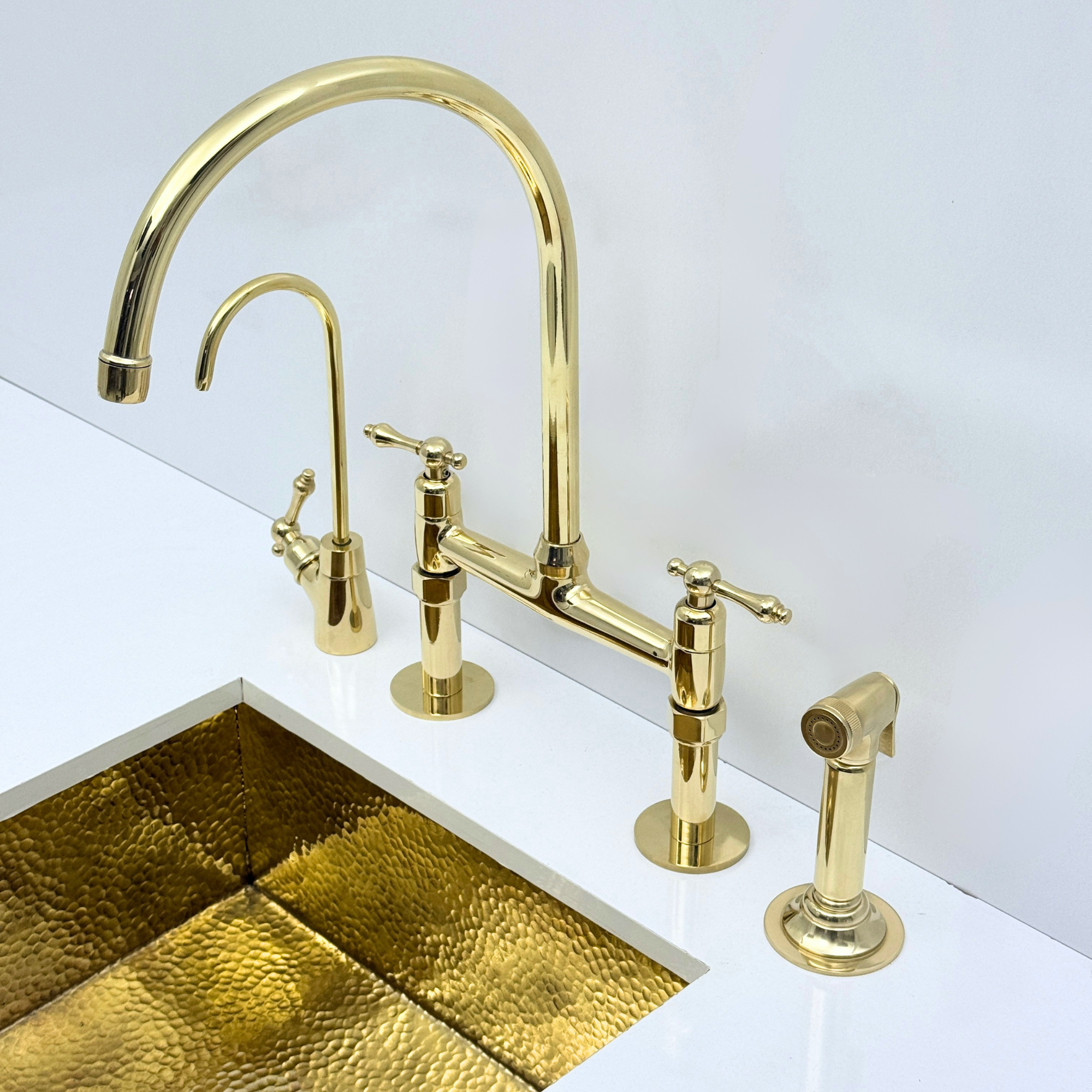 Unlacquered Brass Bridge Kitchen Faucet with Sprayer and Drinking Water Faucet