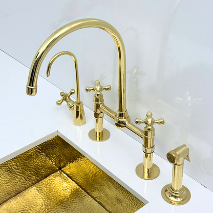 Unlacquered Brass Bridge Kitchen Faucet with Sprayer and Drinking Water Tap - UBCBF008