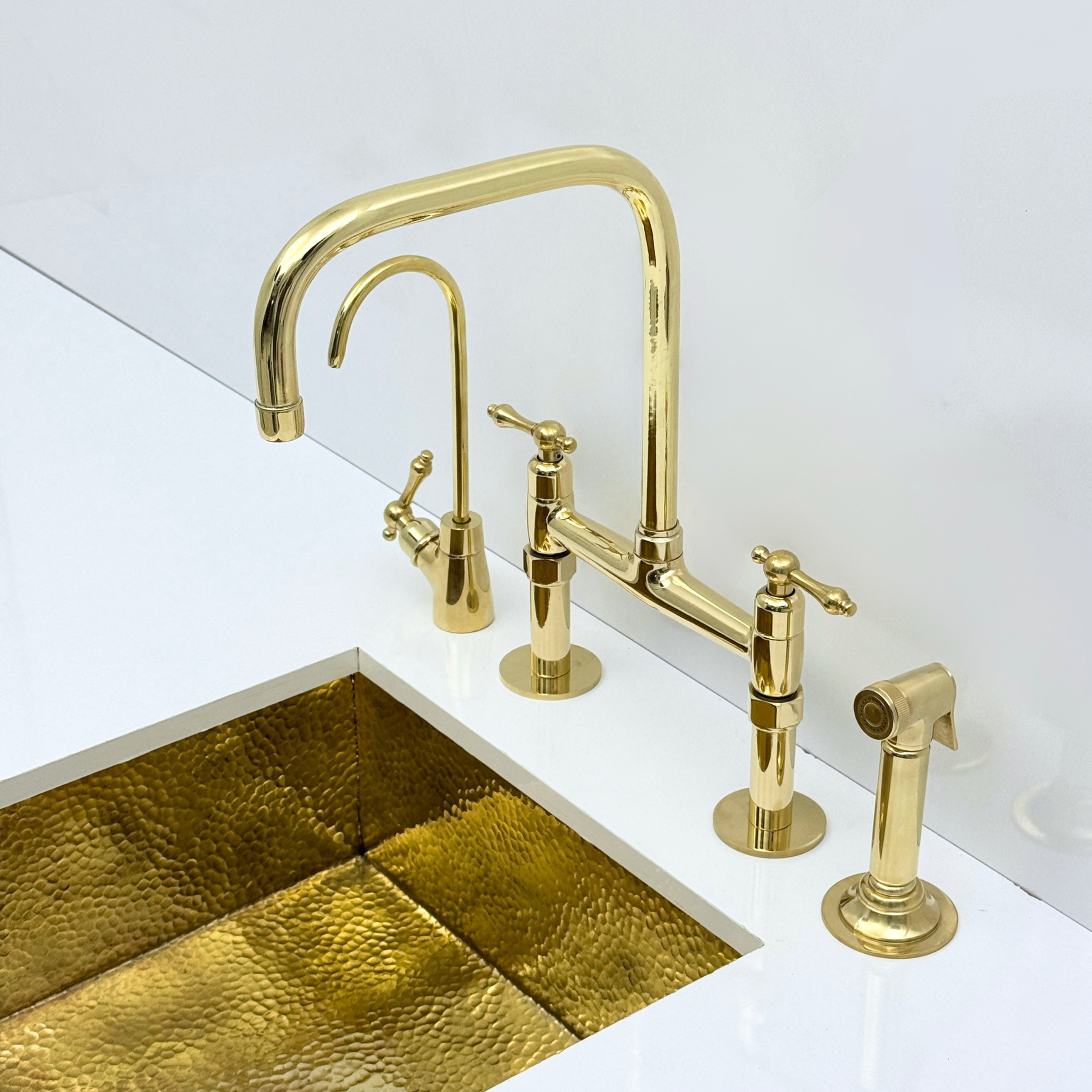 Unlacquered Brass Bridge Kitchen Faucet with Sprayer, Drinking Water Faucet