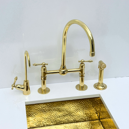 Unlacquered Brass Bridge Kitchen Faucet with Sprayer and Drinking Water Tap - UBLBF013