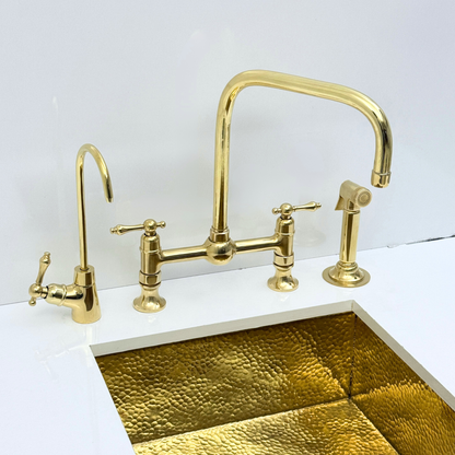 Unlacquered Brass Bridge Kitchen Faucet with Sprayer and Drinking Water Tap - UBLBF017