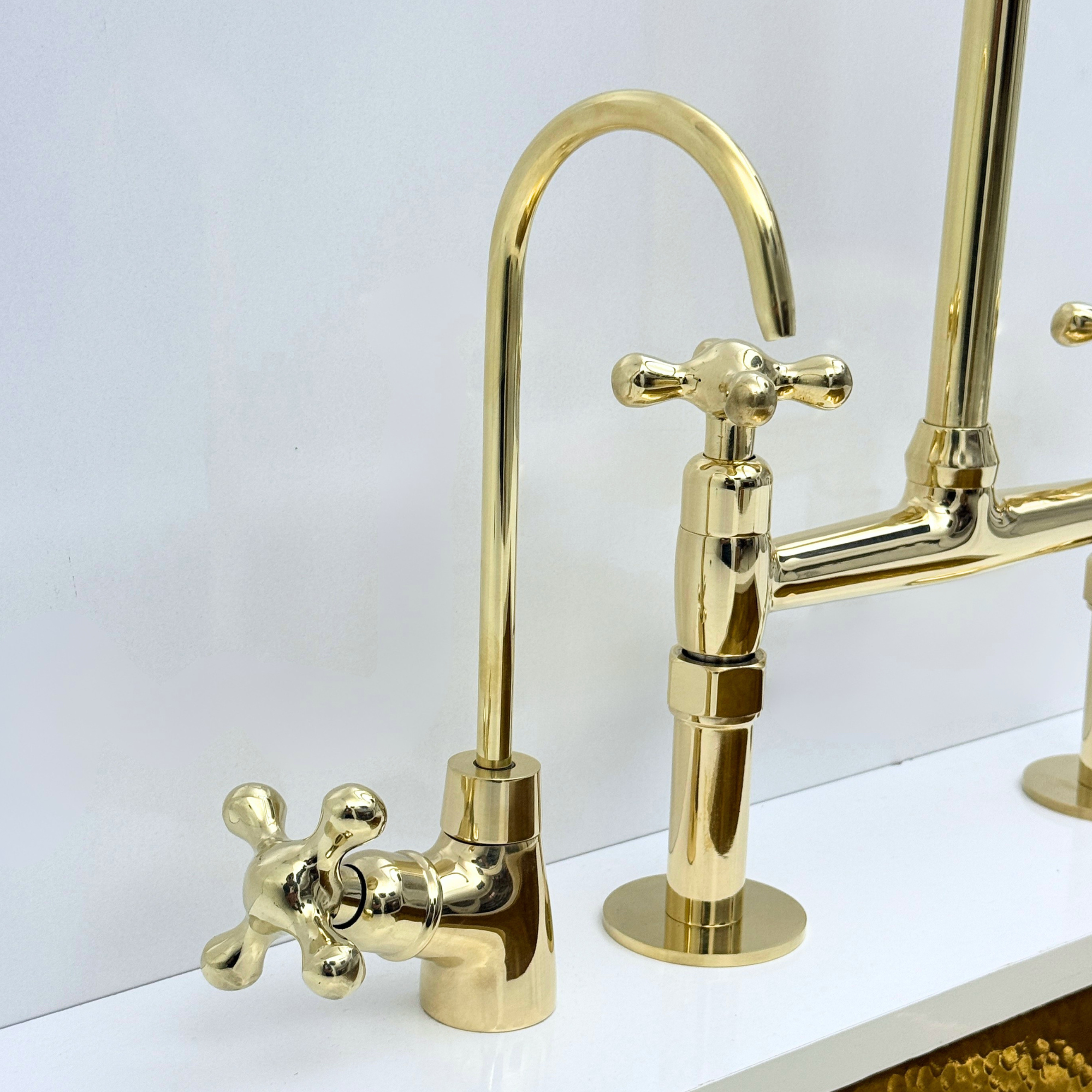Unlacquered Brass Bridge Kitchen Faucet with Sprayer and Drinking Water Tap