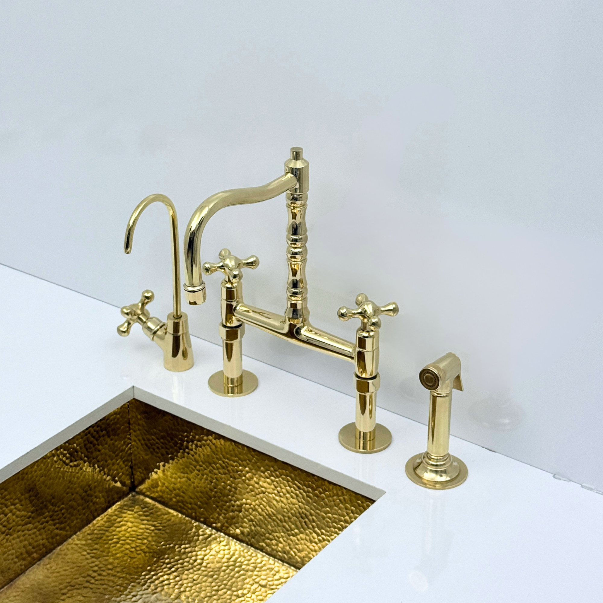 Unlacquered Brass Bridge Kitchen Faucet with Sprayer and Drinking Water Tap