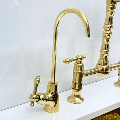 Unlacquered Brass Bridge Kitchen Faucet with Sprayer and Drinking Water Tap - UBLBF012