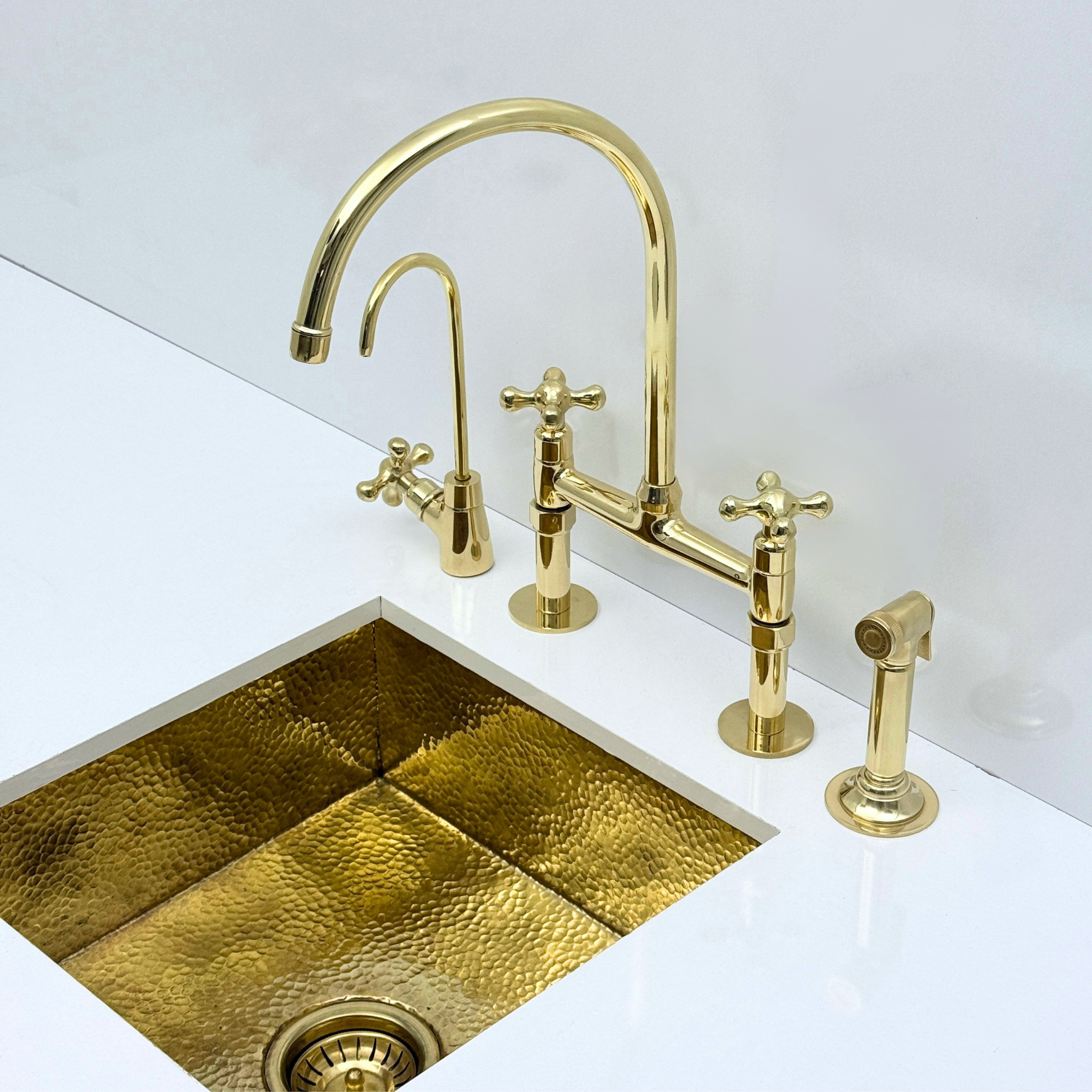 Atlas - Unlacquered Brass Bridge Kitchen Faucet with Side Sprayer and Drinking Water Tap