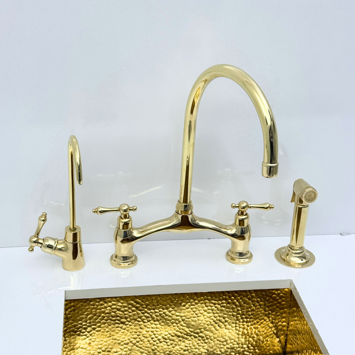 Unlacquered Brass Bridge Kitchen Faucet with Sprayer and Drinking Water Tap - UBLBF020