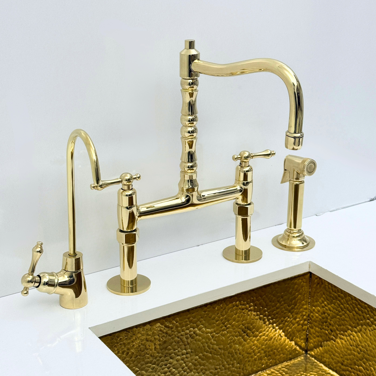 Unlacquered Brass Bridge Kitchen Faucet with Sprayer and Drinking Water Tap