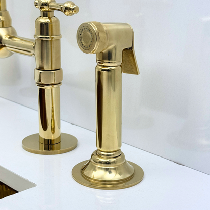 Unlacquered Brass Bridge Kitchen Faucet with Sprayer and Drinking Water Tap - UBLBF018